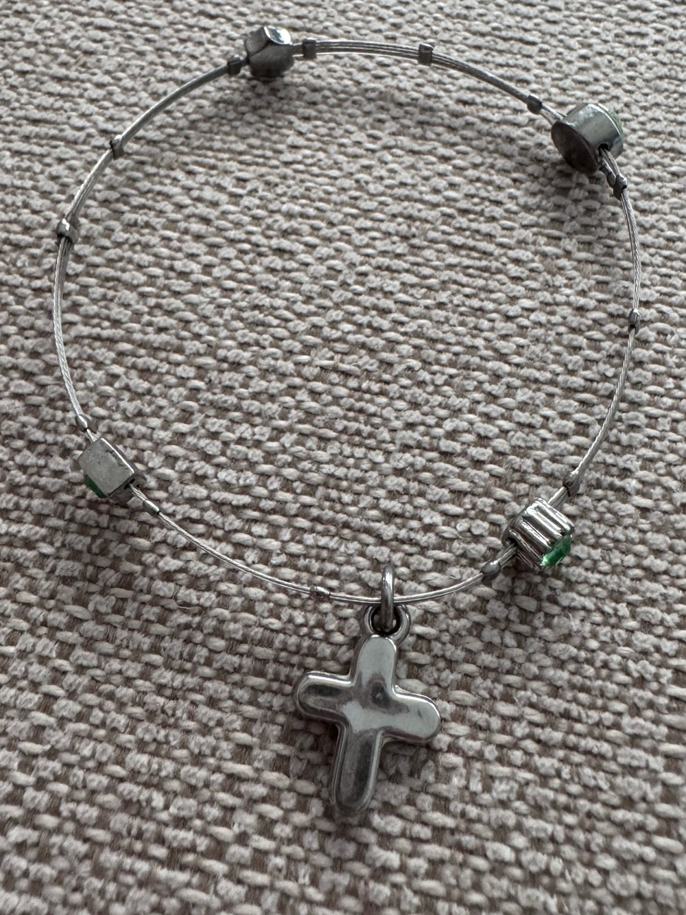 Women's Silver Cross Charm Bracelet - Polished Silver Tone with Green stones